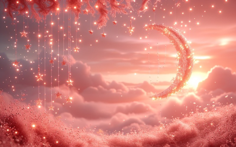 Ramadan Kareem design pastel Pink color moon with stars Background