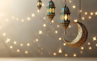 Ramadan Kareem greeting banner design with golden moon and lantern with bokeh