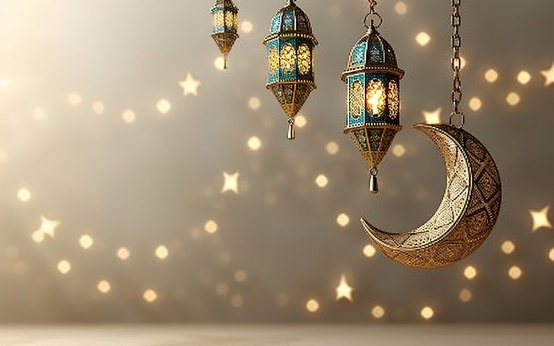 Ramadan Kareem greeting banner design with golden moon and lantern with bokeh Background