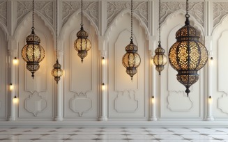 Ramadan Kareem greeting banner design with lantern and mosque hall