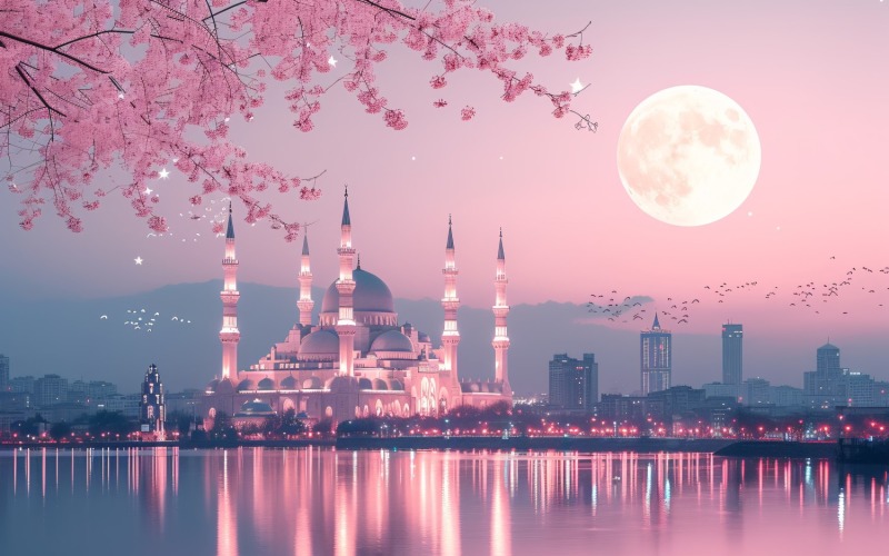 Ramadan Kareem greeting banner design with pink tree and moon with Istanbul mosque minar Background