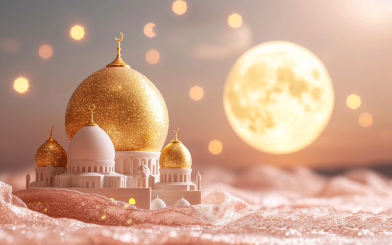 Ramadan Kareem greeting card banner design with Golden mosque and moon Background