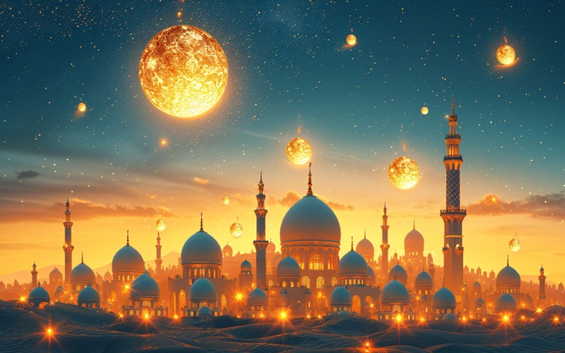 Ramadan Kareem greeting card banner design with Mosque minar and golden moon Background