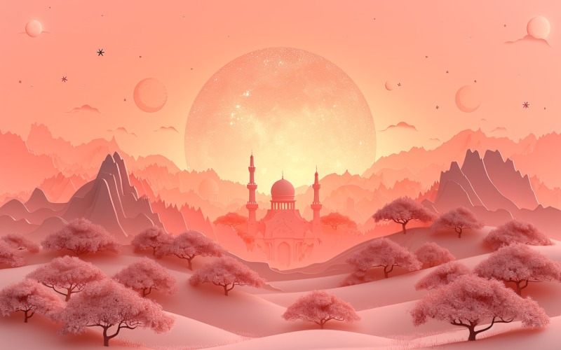 Ramadan Kareem greeting card banner design with pink desert and mosque minar Background