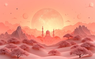 Ramadan Kareem greeting card banner design with pink desert and mosque minar