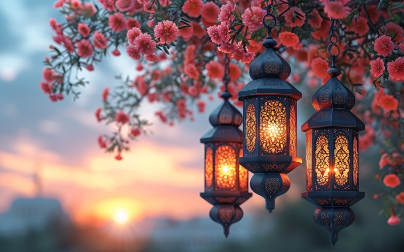 Ramadan Kareem greeting card banner poster design with flower & lantern Background