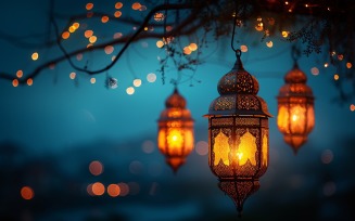 Ramadan Kareem greeting card banner poster design with lantern & bokeh 01