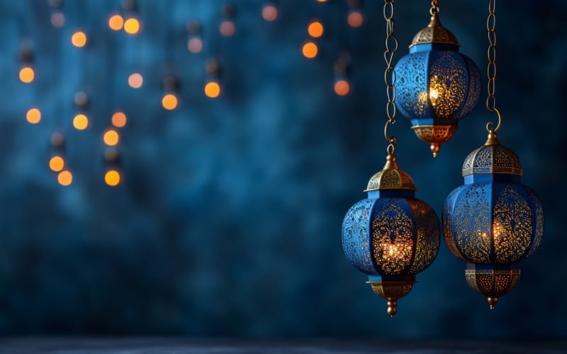 Ramadan Kareem greeting card banner poster design with lantern & bokeh 02 Background