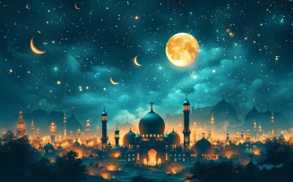 Ramadan Kareem greeting card banner poster design with lantern & bokeh
