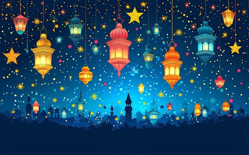Ramadan Kareem greeting card banner poster design with lantern & star Background