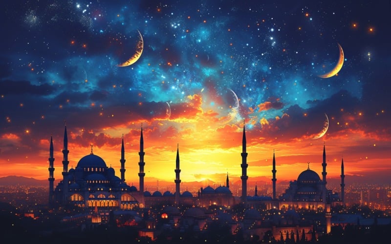 Ramadan Kareem greeting card banner poster design with mosque & moon Background