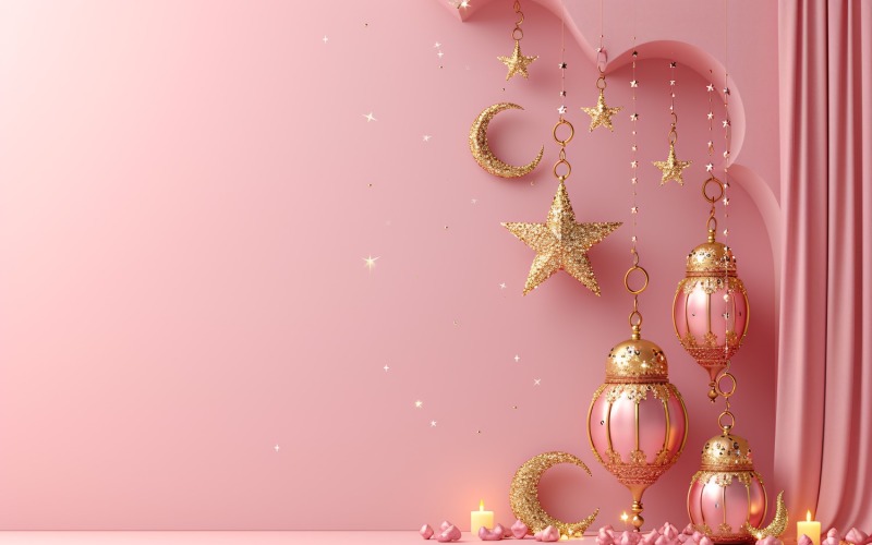 Ramadan Kareem greeting card banner poster design with pink star & lantern Background
