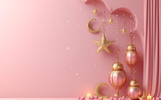 Ramadan Kareem greeting card banner poster design with pink star & lantern