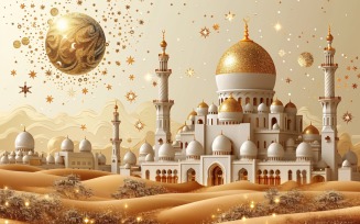 Ramadan Kareem greeting card design with Golden mosque in the desert