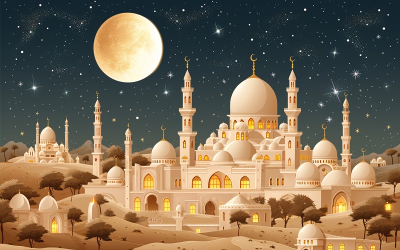 Ramadan Kareem greeting card design with moon & mosque Background