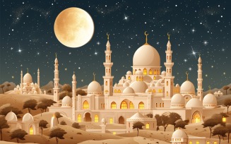 Ramadan Kareem greeting card design with moon & mosque