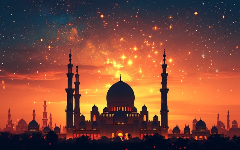 Ramadan Kareem greeting card design with mosque & glitters Background