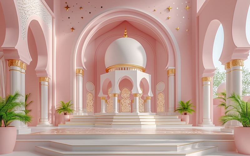 Ramadan Kareem greeting card design with pink and white mosque arch & green plants Background