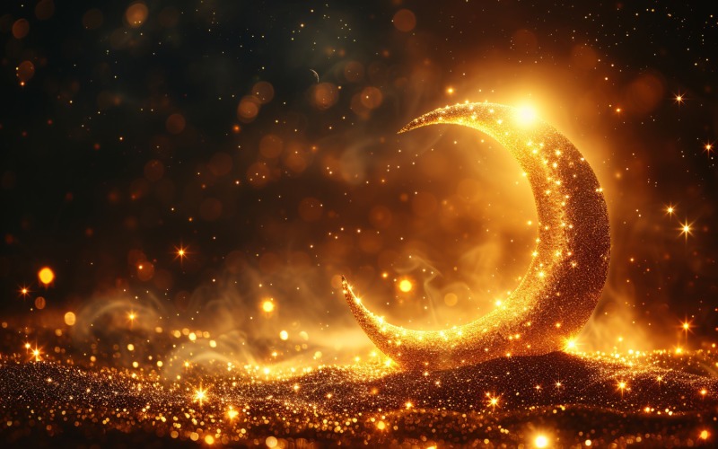 Ramadan kareem greeting design with Golden Moon & glitter Background
