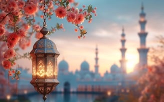 Ramadan Kareem greeting design with lantern & Flowers .