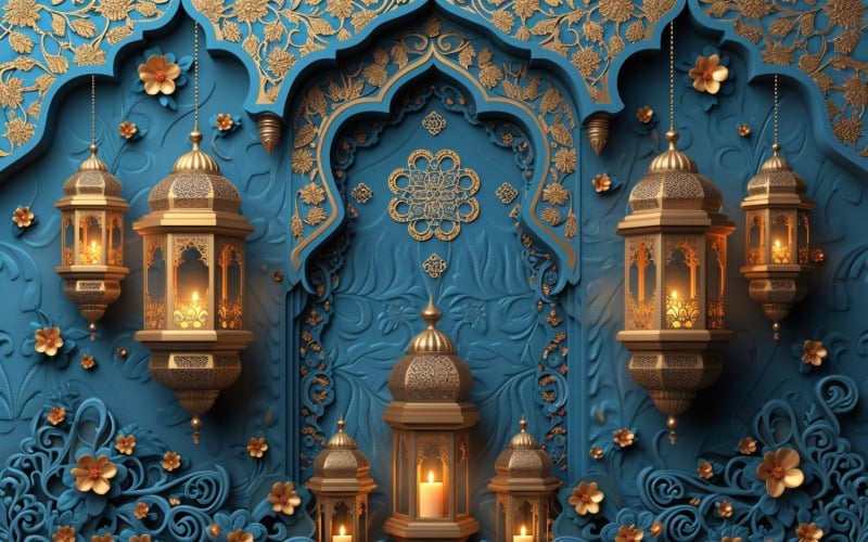 Ramadan Kareem greeting card banner design with lantern & arch with flower Background