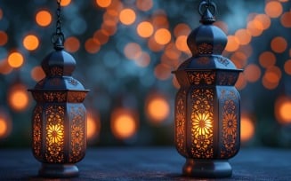 Ramadan Kareem greeting card banner design with lantern & bokeh
