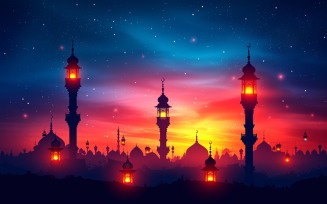 Ramadan Kareem greeting card banner design with lantern & mosque 01
