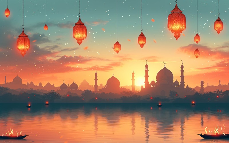 Ramadan Kareem greeting card banner design with lantern & mosque Background