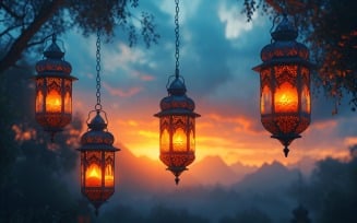 Ramadan Kareem greeting card banner design with lantern and trees