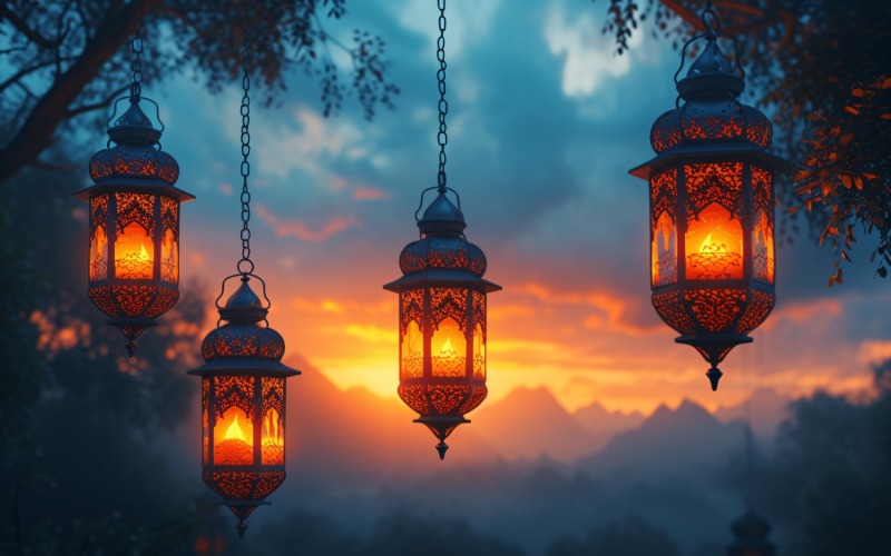 Ramadan Kareem greeting card banner design with lantern and trees Background