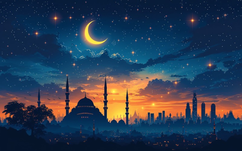 Ramadan Kareem greeting card banner design with moon & desert Background