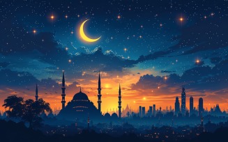 Ramadan Kareem greeting card banner design with moon & desert