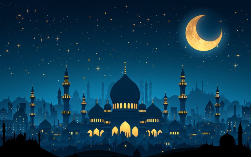 Ramadan Kareem greeting card banner design with moon & mosque 01 Background