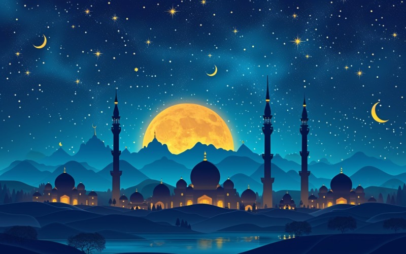 Ramadan Kareem greeting card banner design with moon & mosque 04 Background