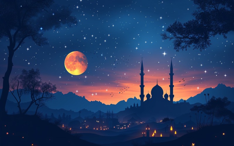 Ramadan Kareem greeting card banner design with moon & mosque minar Background