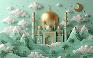 Ramadan Kareem greeting card banner design with mosque & cloud with moon and mountain