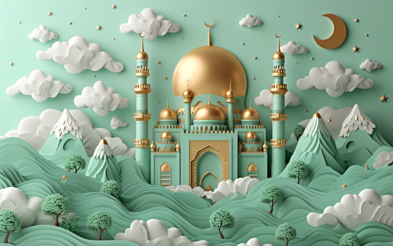 Ramadan Kareem greeting card banner design with mosque & cloud with moon and mountain Background
