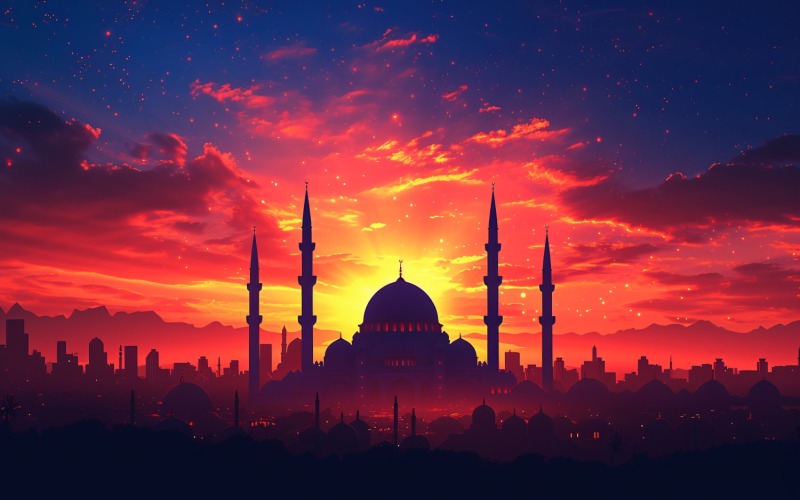 Ramadan Kareem greeting card banner design with mosque & cloud Background
