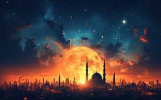 Ramadan Kareem greeting card banner design with mosque & moon