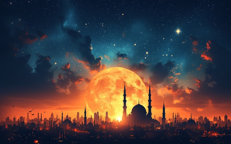 Ramadan Kareem greeting card banner design with mosque & moon Background