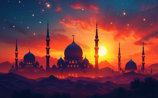 Ramadan Kareem greeting card banner design with mosque and sun