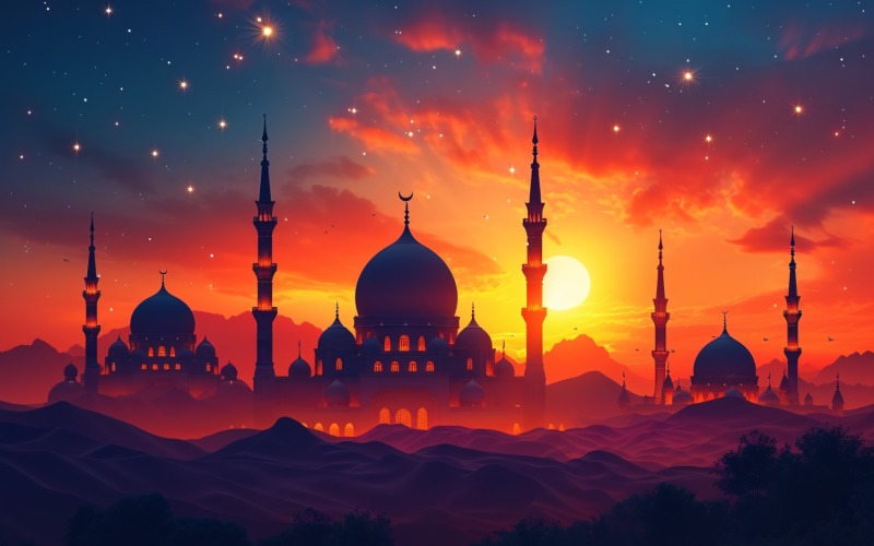 Ramadan Kareem greeting card banner design with mosque and sun Background