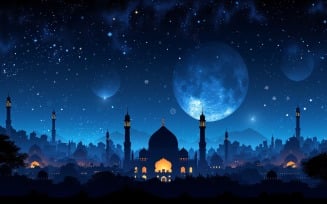 Ramadan Kareem greeting card banner design with mosque minar and moon