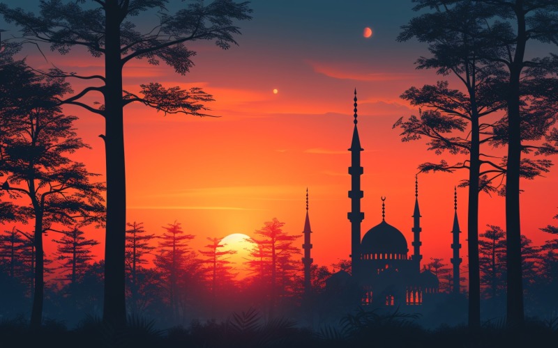 Ramadan Kareem greeting card banner design with trees & mosque minar and sunset 02 Background