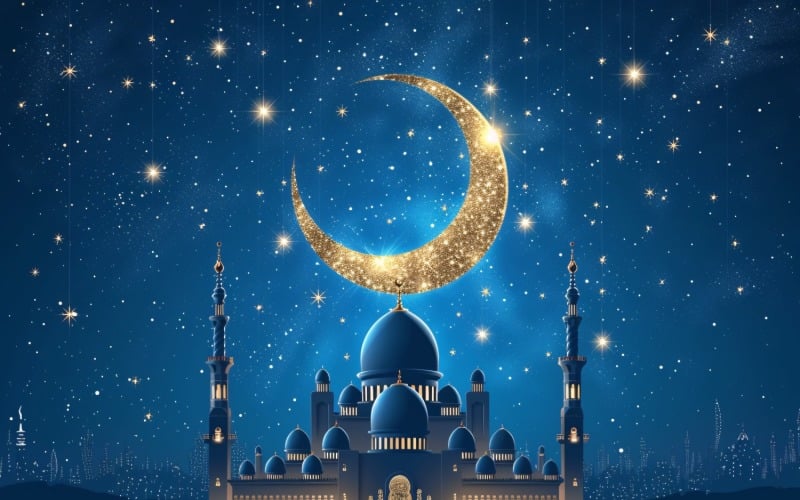 Ramadan Kareem greeting card banner poster design with golden moon and mosque Background