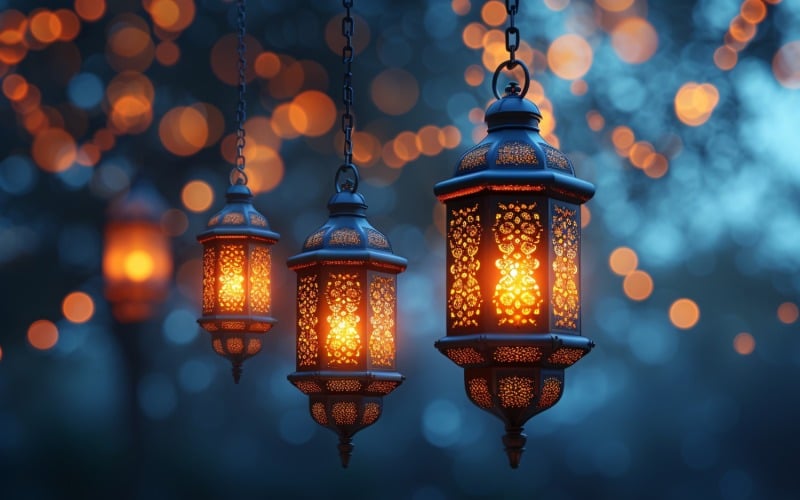 Ramadan Kareem greeting card banner poster design with lantern & bokeh 05 Background