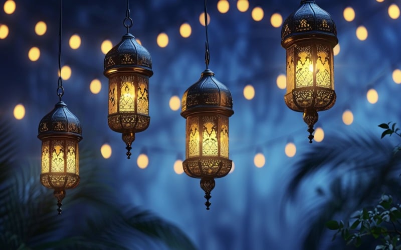 Ramadan Kareem greeting card banner poster design with lantern & bokeh 06 Background
