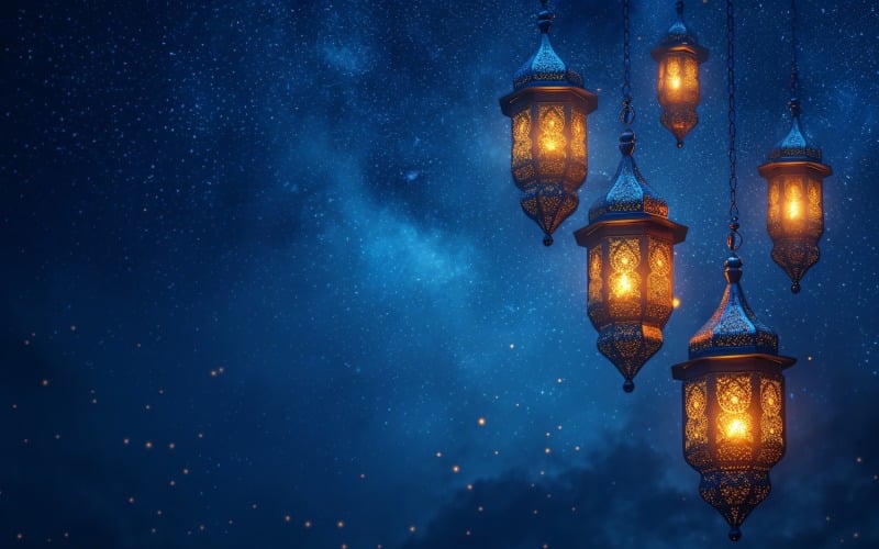 Ramadan Kareem greeting card banner poster design with lantern & galaxy background Background
