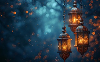 Ramadan Kareem greeting card banner poster design with lantern glitter