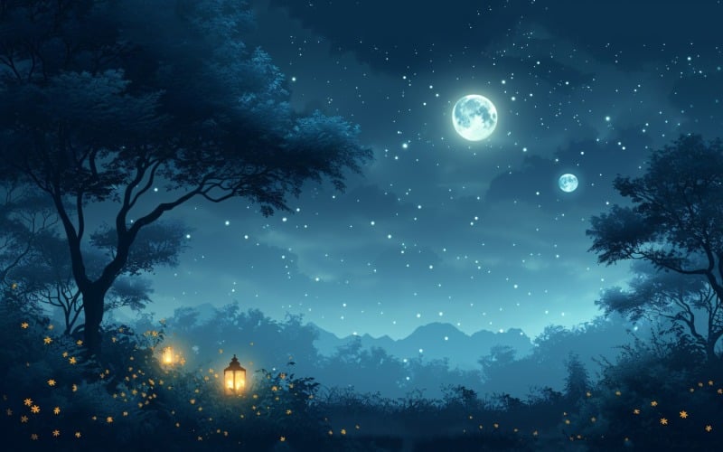Ramadan Kareem greeting card banner poster design with moon & lantern in night view Background